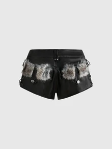 ROMWE Grunge Punk Vintage Y2K Hot Girl Patchwork Faux Fur Punk Metal Eyelet Lace-Up Design Ultra Low Waist Mini Washed PU Shorts - Black - View 1