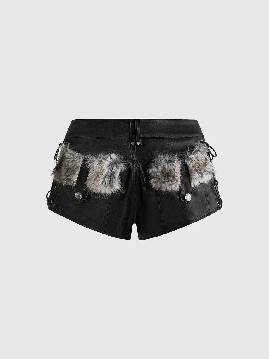 ROMWE Grunge Punk Vintage Y2K Hot Girl Patchwork Faux Fur Punk Metal Eyelet Lace-Up Design Ultra Low Waist Mini Washed PU Shorts - Black - View 1