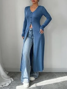 Elenzga 女款長版開襟衫上衣 修身羅紋針織 V領 單排扣 高開衩 休閒辣妹風 藍色 秋季女裝 開襟衫 - 霧霾藍 - 查看 4