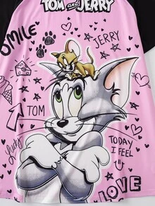 TOM & JERRY X SHEIN 大尺碼卡通印花對比色圓領睡袍 - 粉色 - 查看 4