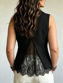 Velvienne Plus Size Black Sexy Sheer Lace Back Slimming Elegant Commuter Blazer - Black - View 1