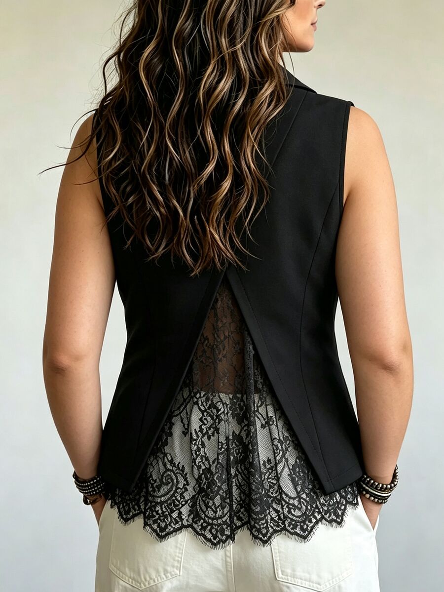 Velvienne Plus Size Black Sexy Sheer Lace Back Slimming Elegant Commuter Blazer - Black - View 1