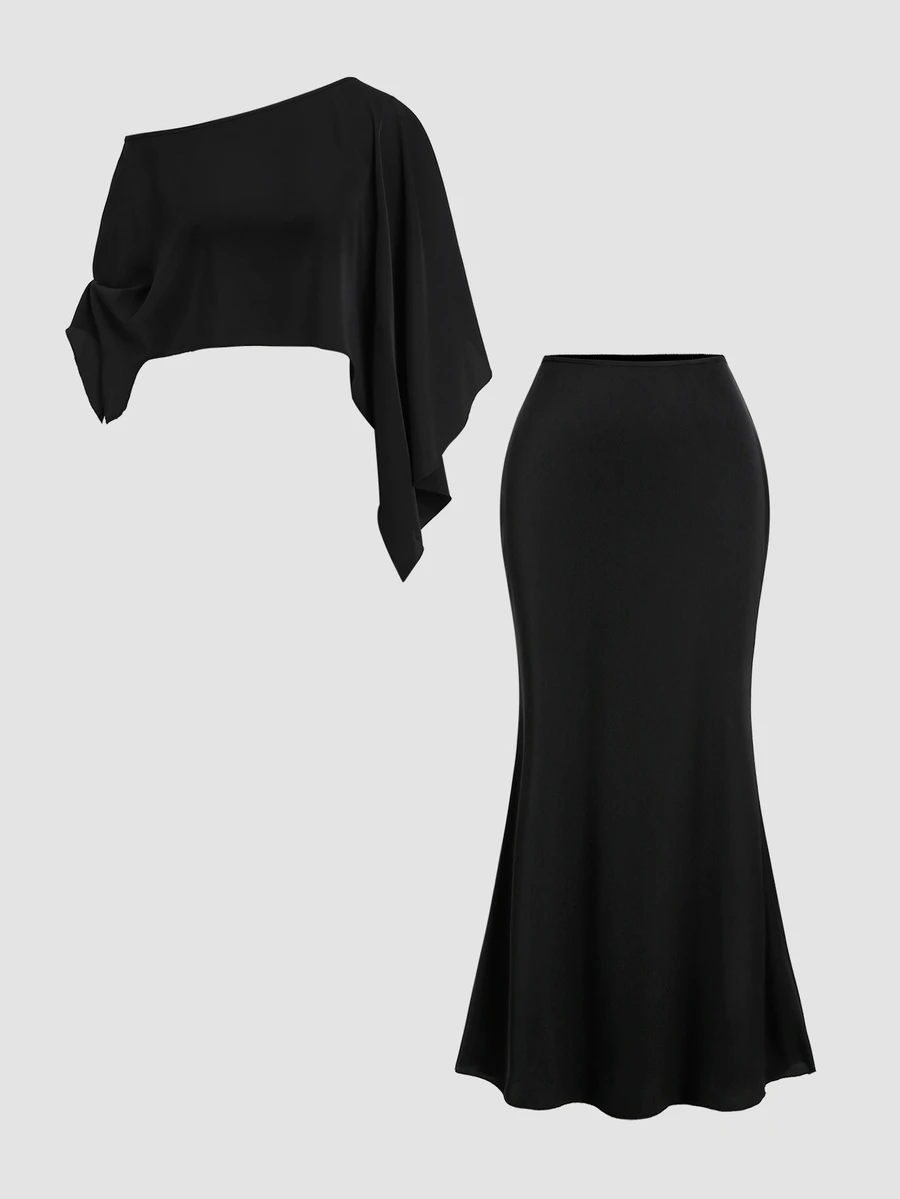 Sweetra Women's 2 Pieces Set Asymmetrical Hem Top And Skirt, Slimming Elegant Street Style - Black - View 1
