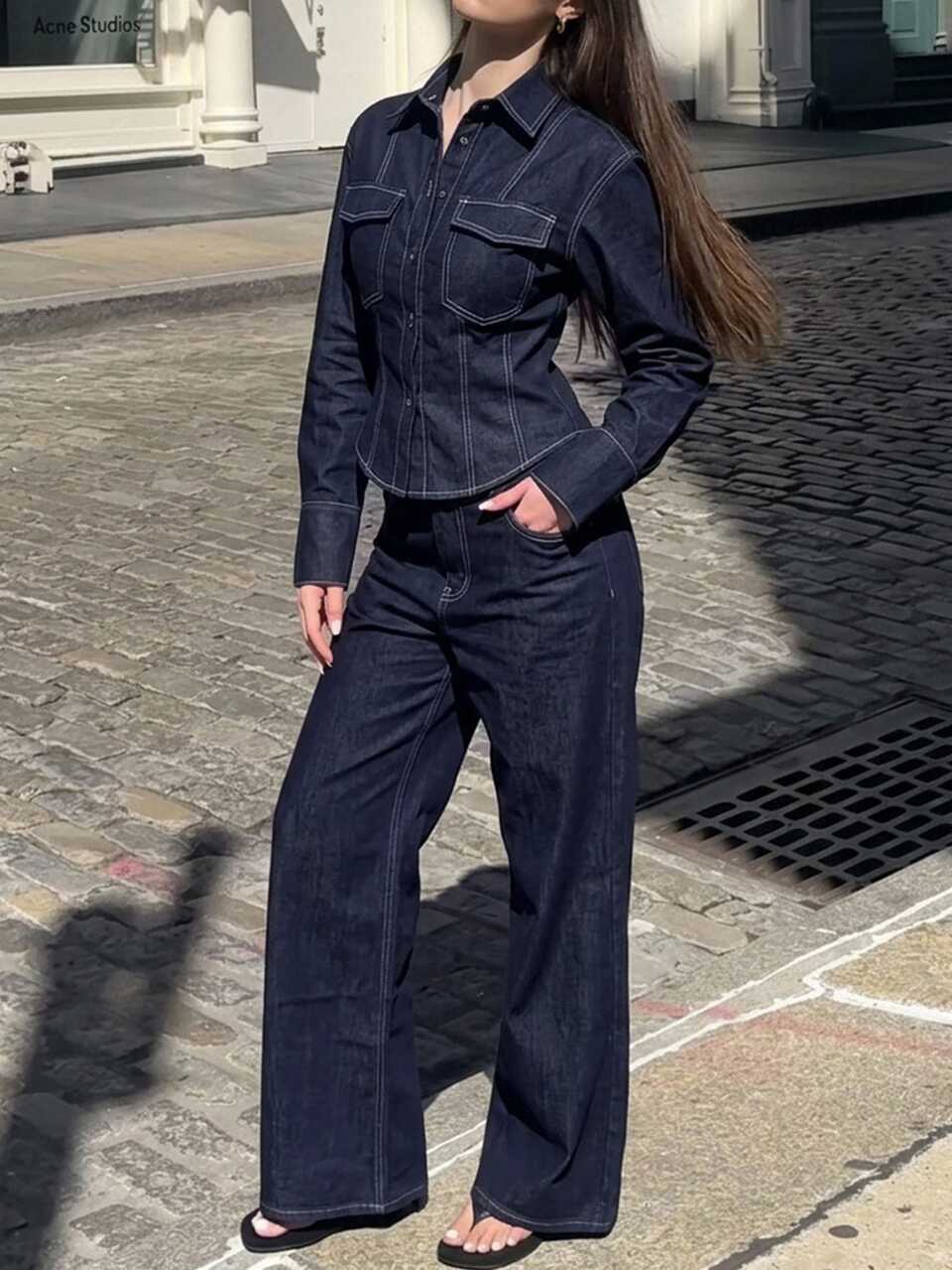 Women's 2pcs Denim Outfit With Stitching Decor, Fitted Waist Long Sleeve Denim Shirt And Straight Leg Jeans, Casual Vacation Spring/Autumn Set