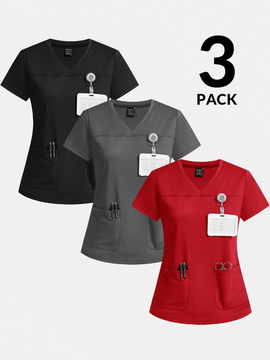 TaskEZ 純色V領短袖口袋刷手服上衣 - 彩色 - 查看 1