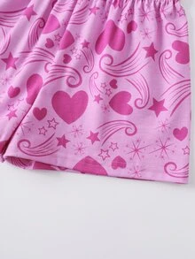 My Little Pony X SHEIN Young Girl Cartoon Pattern Short Sleeve T-Shirt And Shorts Casual Daily Outfit - Hot Pink - View 7