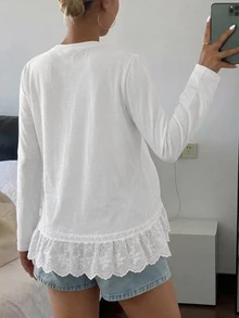 DAZY Contrast Lace Trim Hem Long Sleeve Loose Casual Vacation Daily Spring Autumn Maternity T-Shirt - White - View 2