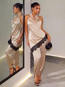 BamGleam Champagne Satin Draped Neck Cowl Neck Set For Women, Asymmetrical Lace Trim Top And Cuffed Lantern Pants 2 Pieces Set - Champagne - View 4