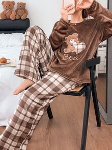 Napfluff Cute Bear Decor Soft Plush Comfortable Home Pajama Set, Soft Girl Style Pattern Long Pants Sleepwear - Brown - View 1