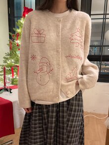 DAZY Women's Round Neck Cartoon Colorblock Outline Casual Korean Style Long Sleeve Autumn/Winter Cardigan - Beige - View 7