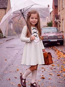Emery Rose Kids Emery Rose Kids 女童小女孩蝴蝶結裝飾圓領長袖可愛洋裝 - 彩色 - 查看 3