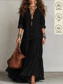 SHEIN Summer New Vintage Lapel Bohemian Contrast Mesh Casual Fashion Maxi Dress - Black - View 7
