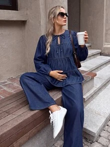 SHEIN 孕婦休閒前綁帶長袖上衣與牛仔褲兩件套 西式女裝 牛仔女郎秋季穿搭 - 藍色 - 查看 2