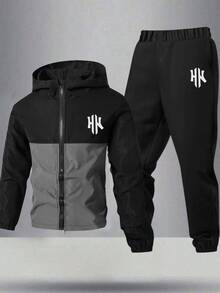 2pcs Kids Tween Boy Casual Sports Pattern Colorblock Hooded Jacket & Black Pants Set, Suitable For Autumn/Winter, Family Gathering, Back To School, Sports, Play, Birthday Party, Photo, Vacation, Holiday - Multicolor - View 6