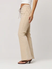 Musera Petite Wash Denim Low Rise Lace Up Fitted Flared Denim Jeans Fall Autumn Winter Back To School Daily Everyday - Khaki - View 5