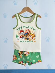 SHEIN | PAW Patrol طقم تانك توب وشورتات بطباعة كرتونية وحروف للأولاد الصغار - اخضر زيتون - مشاهدة 3