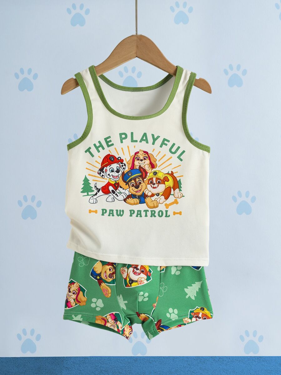 SHEIN | PAW Patrol Young Boy Letter Cartoon Print Tank Top And Shorts Set - Olive Green - View 1