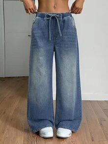 Jeanoix Light Blue Washed Full Elastic Waist Drawstring Wide Leg Jeans With Front Pockets, Back Machine-Stitched Double Pockets, Draped Floor-Length Casual Streetwear Versatile Long Pants - Medium Wash - View 1