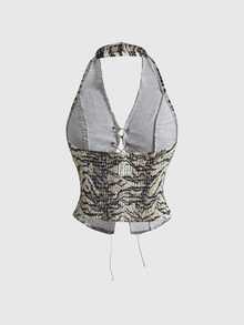 ROMWE Street Life Halter Neck Elastic Denim Animal Print Tie-Up Adjustable Sexy Women's Denim Tank Top - Coffee Brown - View 2