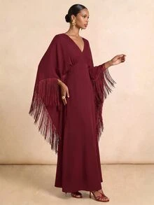 Vesra Wine Red Cape Sleeve 2 In 1 Tassel Patchwork Elegant Women's Long Dress - Burgundy - View 5