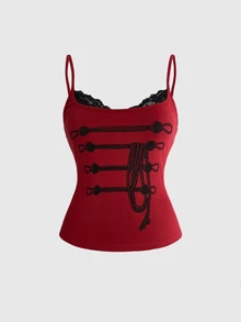 ROMWE Plus Size Y2K Hot Girl Lace Patchwork 2 In 1 Design Mint Green Napoleon Rope Print Fitted Tank Top - Burgundy - View 1