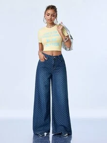 Y2Kool Women's Polka Dot Pattern Pocket Wide Leg Loose Fit Jeans - Dark Wash - View 3