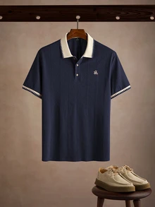 Manfinity Homme 男士時尚休閒通勤短袖 Polo 衫，男士針織提花上衣，男士圖案短袖 Polo 衫，復古風格，老錢風，適合日常休閒、週末旅行，可作為男友/丈夫禮物，派對、夏季度假、海灘穿著、夏威夷婚禮及春夏穿著 - 藍色 - 查看 6