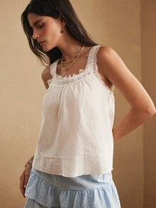 Lullawish Young Casual Bohemian Embroidered Hollow-Out Cotton Lace Patchwork Cotton Blend Woven Tank Top Women's Sleepwear Top - White - View 4