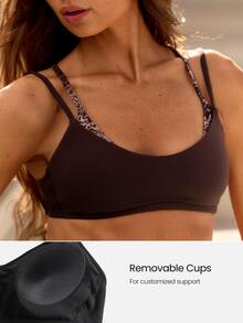 GLOWMODE FeatherFit™ Silhouette Flow Colorblock Anti-Slip Mock 2-Piece Demi Bra With Open Back Removable Cups Yoga Pilates Studio Daily Active Wear - Dark Truffle - View 4