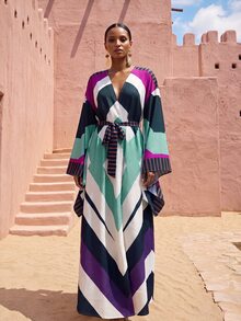 Zivah New Elegant Women's Multi-Color Totem Print Robe-Style Long Cover-Up With Tie, Suitable For Multiple Occasions, Elegant Women's Beach Vacation Versatile Commute - Multicolor - View 11