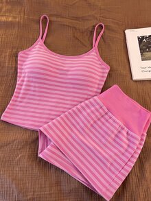 Franclia Women's Button Striped Camisole And Minimalist Shorts Set - Pink - View 5