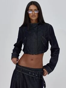 MUSERA High Funnel Neck Contrast Seam Detail Cropped Boxy Fit Denim Coord Jacket Fall Autumn Winter Coolgirl Back To School Blancs - Navy Blue - View 2