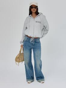 MUSERA Washed Mid Rise Turn Up Hem Loose Fit Jeans Fall Autumn Winter Coolgirl Back To School Blancs - Dark Wash - View 1