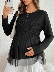 Dazy Maternity Contrast Mesh Loose Long Sleeve Round Neck Casual Vacation Spring Autumn Maternity T-Shirt - Black - View 1