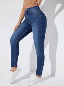 Jeanoix Celana Jeans Denim Kasual Wanita untuk Sehari-hari dengan Saku dan Kancing - Biru - View 4
