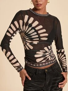 Travachic Women's Printed Mesh Slim Fit Fashion Long Sleeve Top - Black - View 5