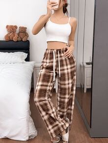 Napfluff American Retro Plaid Pajama Pants, Lazy Women's Autumn/Winter Plush Elastic Waist Wide Leg Long Pants - Multicolor - View 5