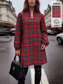 SHEIN 秋冬女款紅色格子棉質迷你洋裝，V領泡泡長袖格紋直筒洋裝，休閒寬鬆聖誕節假日派對日常穿著套裝 - 彩色 - 查看 5