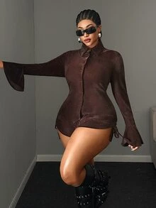 Maweii Sexy Slim Fit Waist-Cinching Top And High-Waist Drawstring Mini Shorts, Plus Size Brown 2 Pieces Set - Coffee Brown - View 5