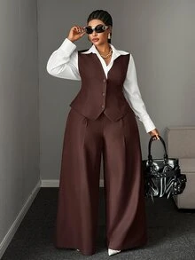 Maweii Plus Size Brown Casual Slim Fit Blazer & High Waist Long Wide Leg Pants Contrast Color Suit Set - Brown - View 1