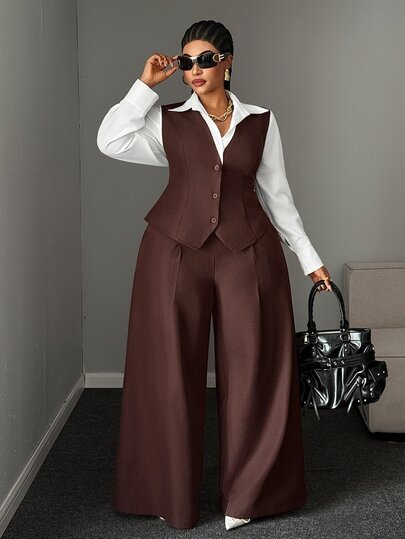 Maweii Conjunto de traje de talla grande con blazer casual de corte slim en color marrón & pantalones de pierna ancha larga de cintura alta en color contrastante