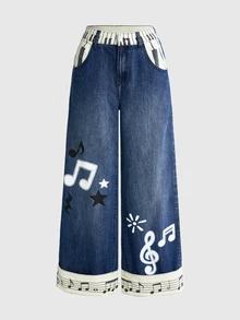 ROMWE Celana Jeans Denim Longgar Wanita Motif Not Keyboard Y2K, Musim Gugur/Dingin - MultiWarna - View 1