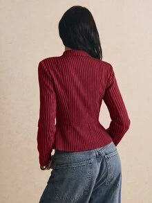 Poéselle 女款條紋鈕扣設計長袖休閒襯衫 - 玫瑰紅 - 查看 6