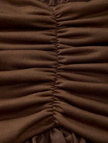Glamine SHEIN Glamour Dress Cover-up Wanita Warna Polos dengan Lipit dan Kelim Ruffle, Kerah Halter, Cokelat Cokelat, Seksi Tropis Musim Panas untuk Liburan Klub - Coklat - View 10
