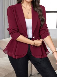 Modelyn 大尺碼女款休閒商務純色修身西裝外套 秋冬女裝 - 酒紅色 - 查看 3