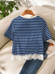 Story & Sage 休閒居家與度假女款 T-shirt，春夏寬鬆條紋蕾絲飾邊拼接短袖上衣 - 寶藍色 - 查看 2