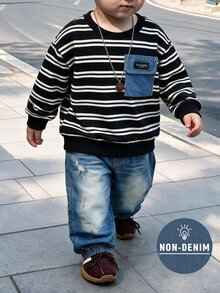 Genkimix Kids 男童秋冬條紋衛衣與丹寧效果長褲2件套，圓領拼色口袋上衣搭配寬鬆收口丹寧效果長褲，休閒帥氣兒童日常穿搭套裝 - 黑色 - 查看 8