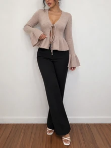 Selianne Women's V-Neck Ruffle Long Sleeve Knit Cardigan - Apricot - View 5