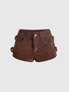 ROMWE Hippie Hot Girl Brown Flocked Metal Buckle Denim Shorts For Women - Brown - View 5