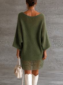 SHEIN Women's Solid Color Round Neck 3/4 Sleeve Loose Knit Dress - Green - View 2